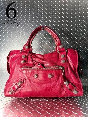 Balenciaga Giant Agneau Moto Medium City Bag in Red